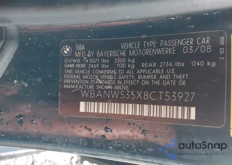 2008 BMW 550I z USA, uszkodzony, nr VIN WBANW535X8CT53927